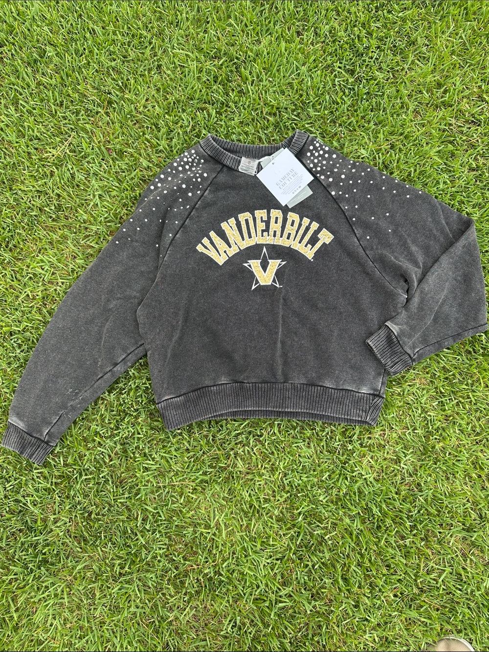 Gameday Couture - Vanderbilt Distressed Black Embellished Crewneck Sweatshirt